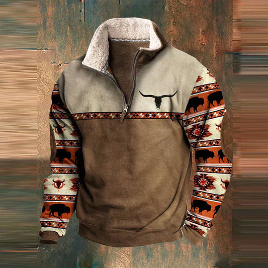 Clint | Cozy Western Zip-up Jumper with Longhorn Detail